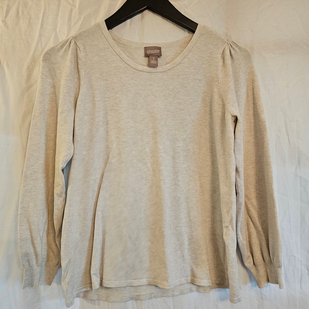 Chicos Oatmeal Beige Puff‎ Shoulder Crew Neck Knit Sweater Size 1 Medium
